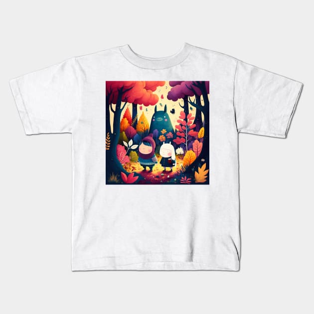 Colorful Scandinavian Forest Children and Creatures Kids T-Shirt by peachycrossing